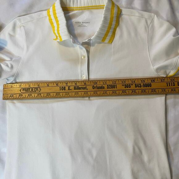 Tory Burch Sport Performance Pique Pleated Collar Polo Snow White /Sundance - Picture 9 of 10